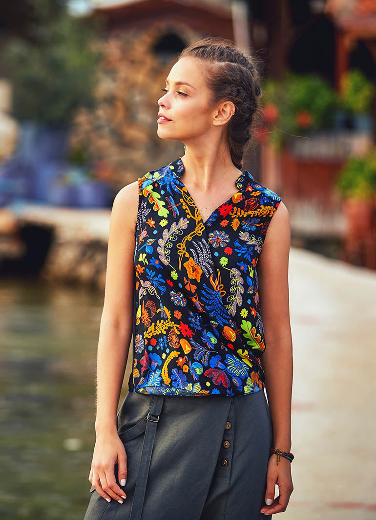 Floral Patterned Double Breasted Boho Blouse Top
