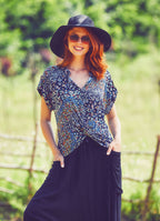 Short Sleeve V-Neck Bohemian Style Blue Women's Blouse