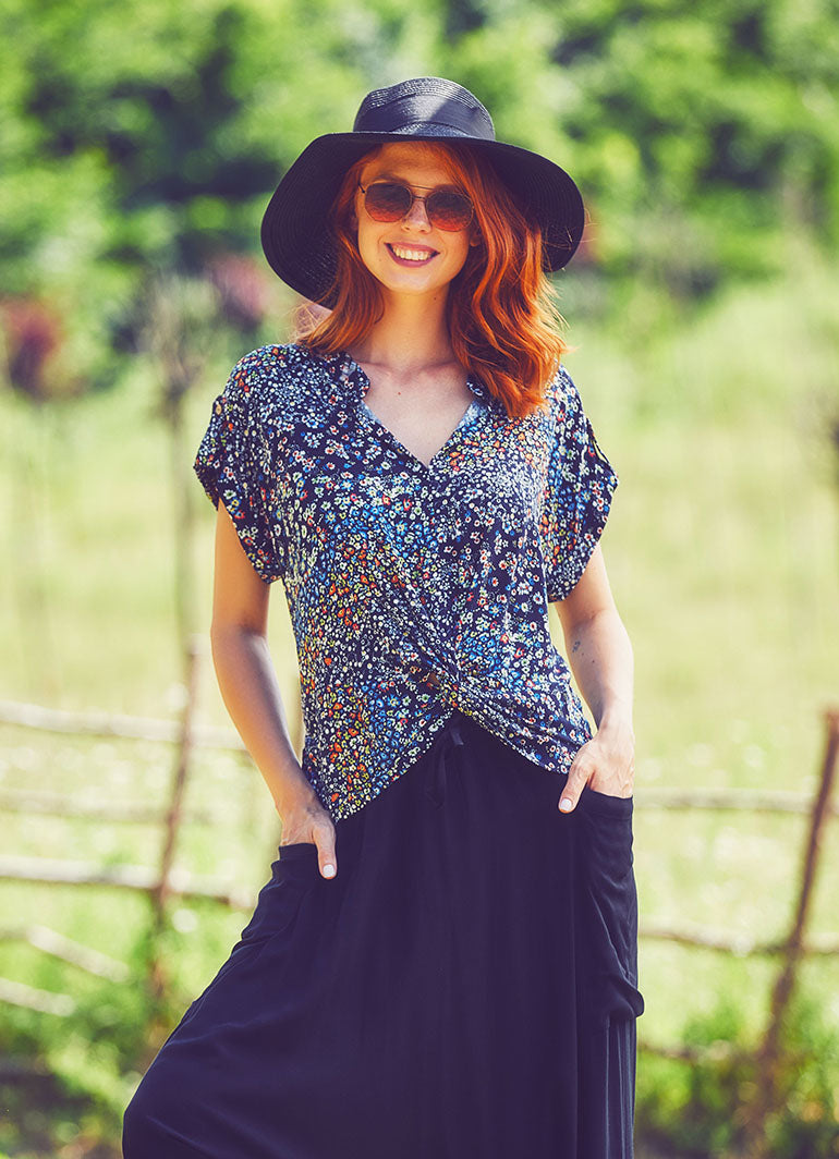 Short Sleeve V-Neck Bohemian Style Blue Women's Blouse