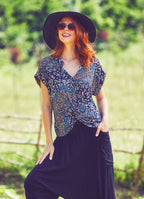 Short Sleeve V-Neck Bohemian Style Blue Women's Blouse