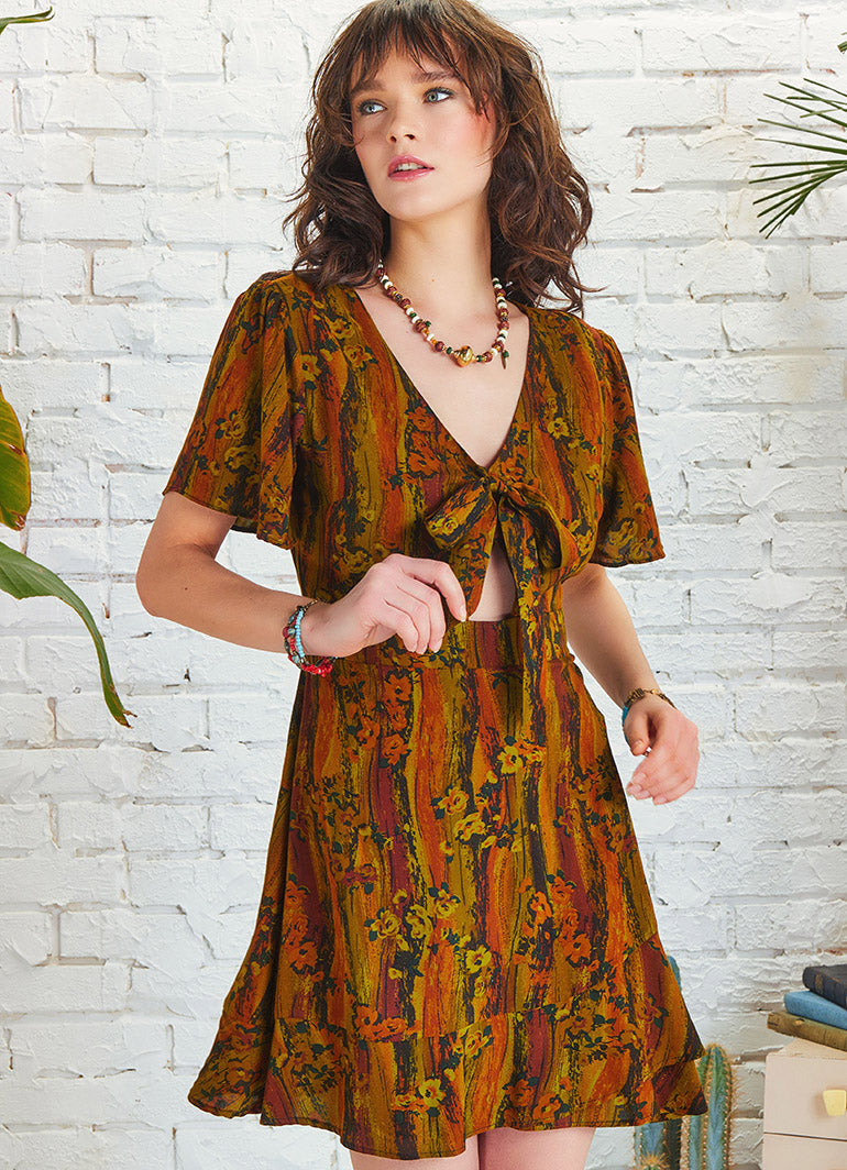 Frill Hem Khaki Print Tie Front Cut Out Mini Dress