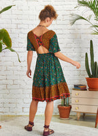 Border Hem Detail Tie Front Green Floral Summer Dress