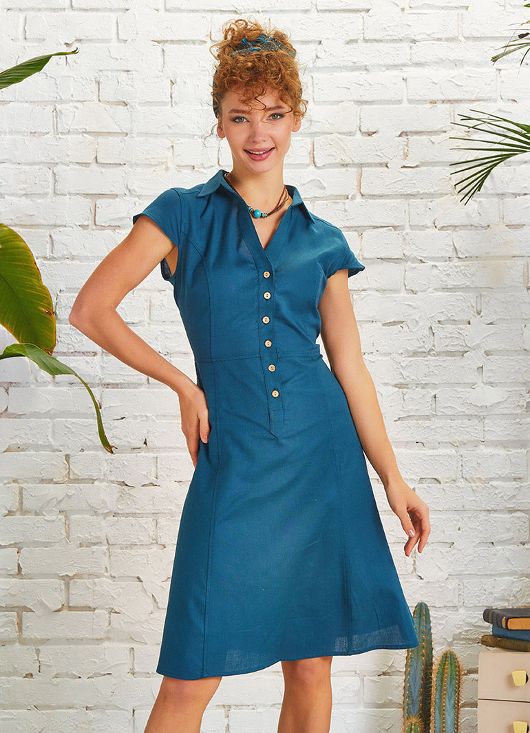 Shirt Collar Short Sleeve Petrol Dress