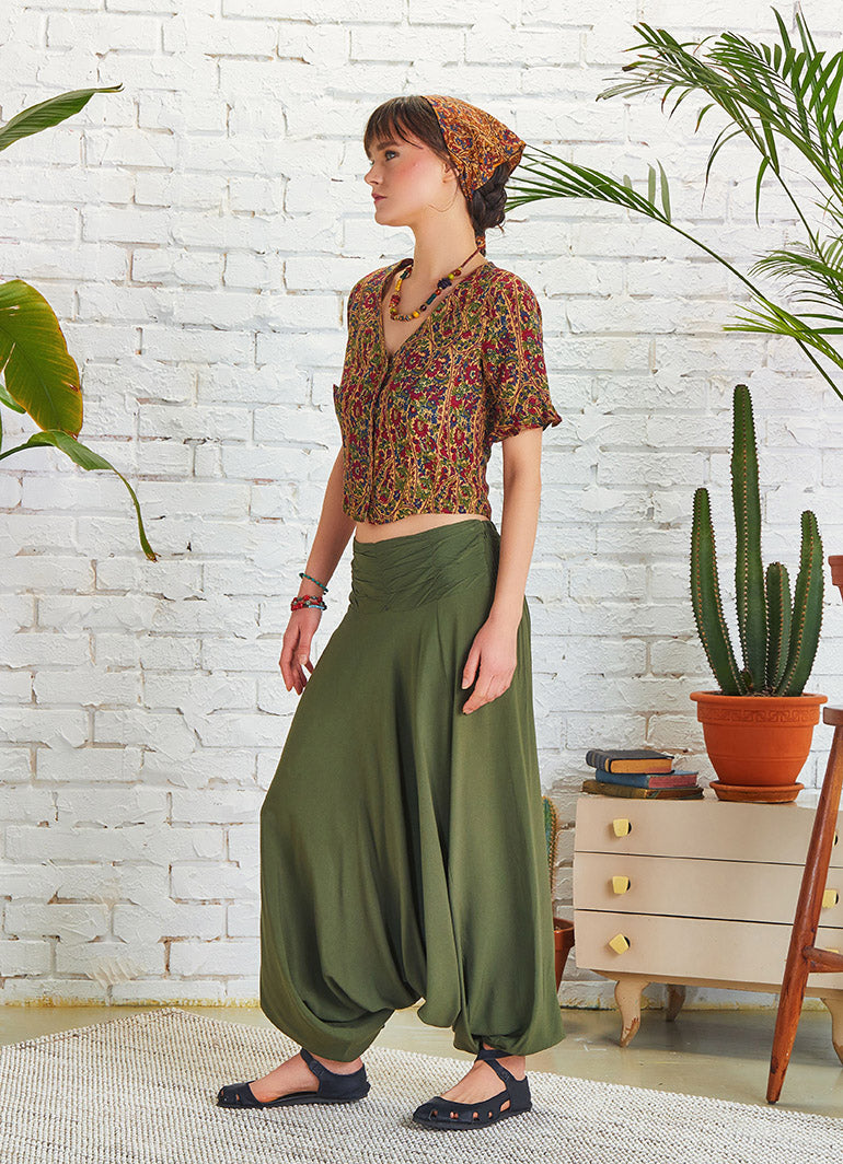 Draped Front Detail Elastic Waist Khaki Salwar Pants