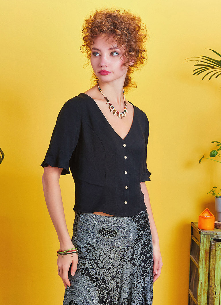 Frilled Half Sleeve Criss Cross Back Detail Black Boho Top