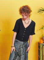Frilled Half Sleeve Criss Cross Back Detail Black Boho Top