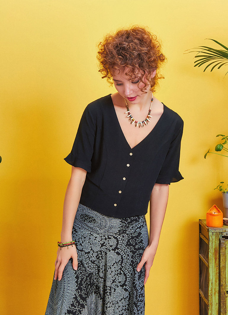 Frilled Half Sleeve Criss Cross Back Detail Black Boho Top