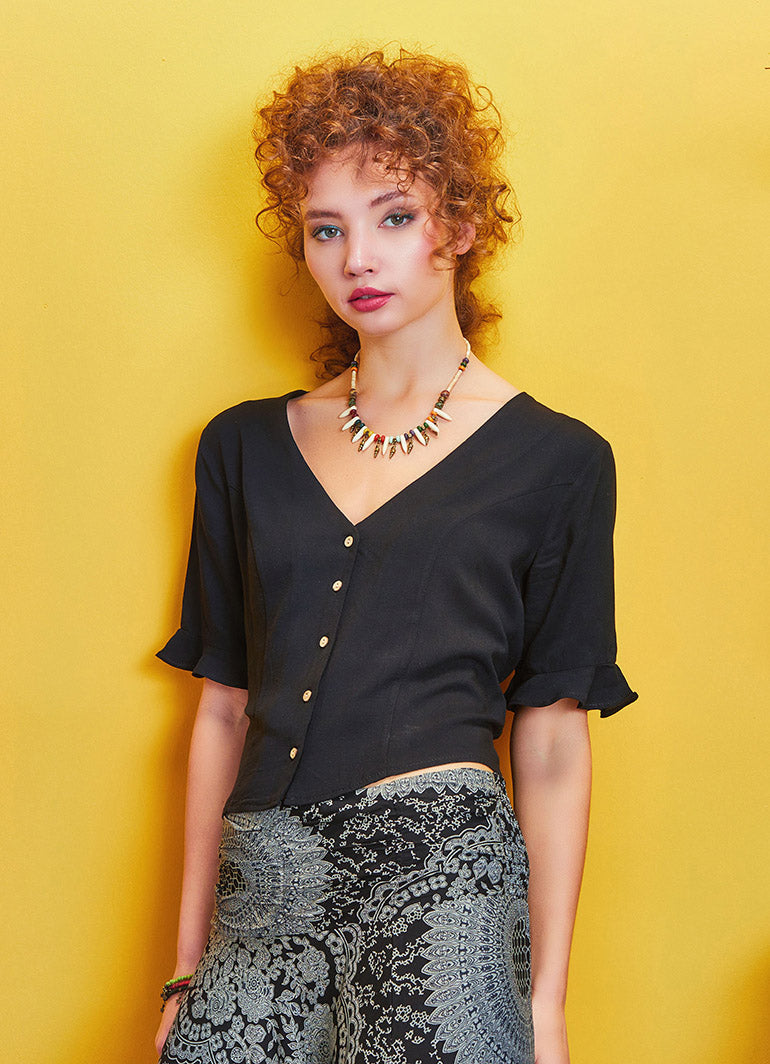 Frilled Half Sleeve Criss Cross Back Detail Black Boho Top