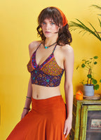 Gathered Tie Back Bust Cup Halter Ethnic Print Crop Top