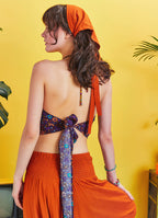 Gathered Tie Back Bust Cup Halter Ethnic Print Crop Top