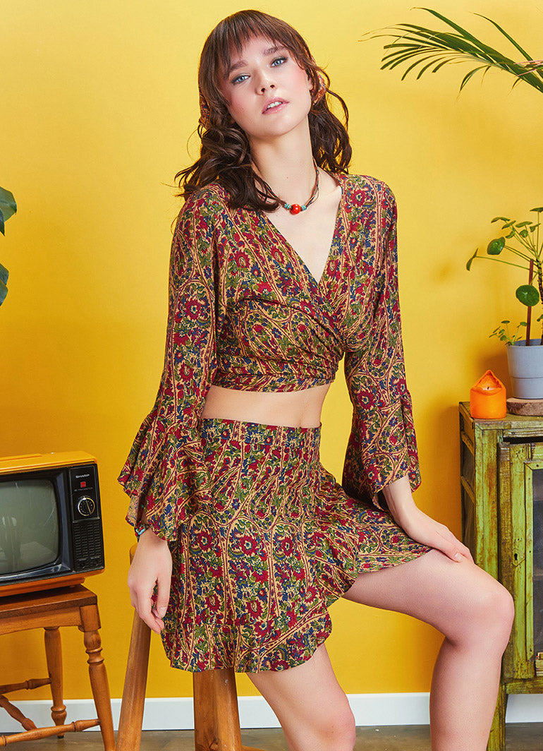 Boho Chic Flared Wrap Maroon Print Mini Skirt