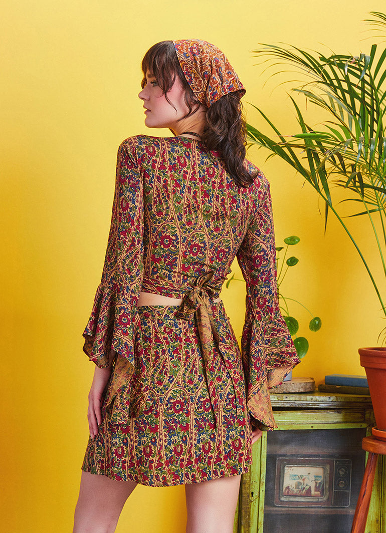 Boho Chic Flared Wrap Maroon Print Mini Skirt