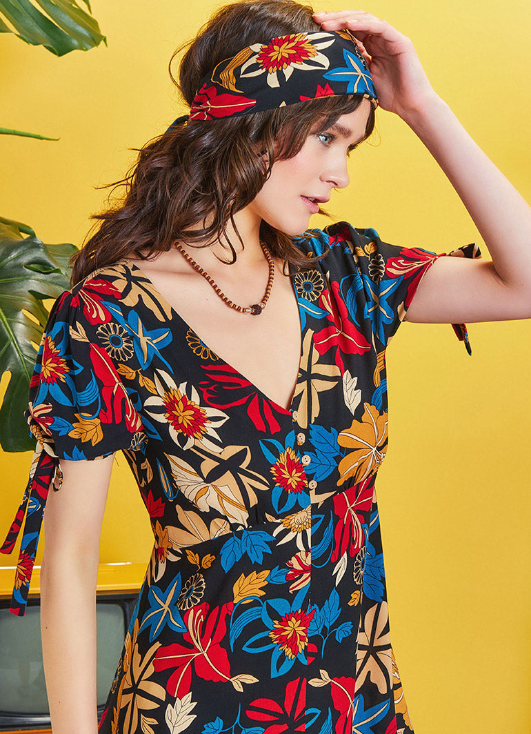 Tie Cuff Boho Chic Black Floral Ruffled Dress