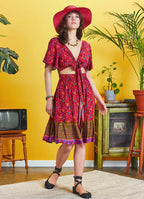 Border Hem Detail Tie Front Red Floral Summer Dress