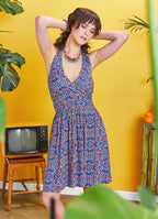 Blue Patterned Tie Neck Gathered Waist Bohemian Skater Dress