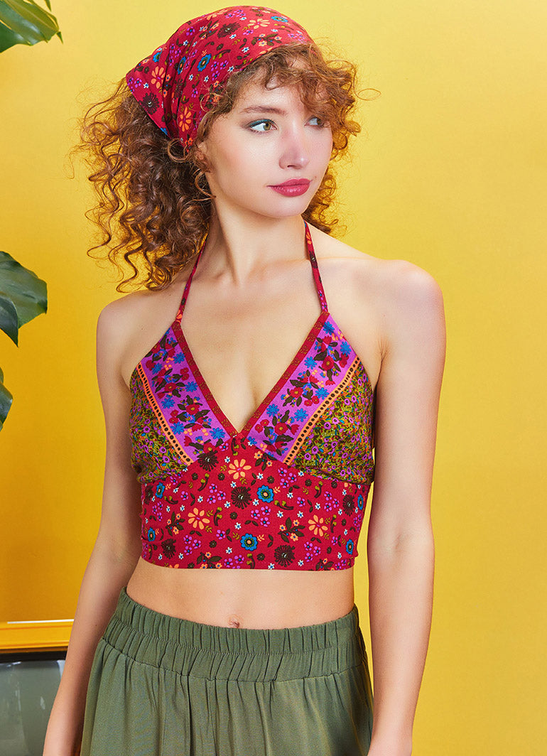 Gathered Tie Back Bust Cup Halter Authentic Print Crop Top