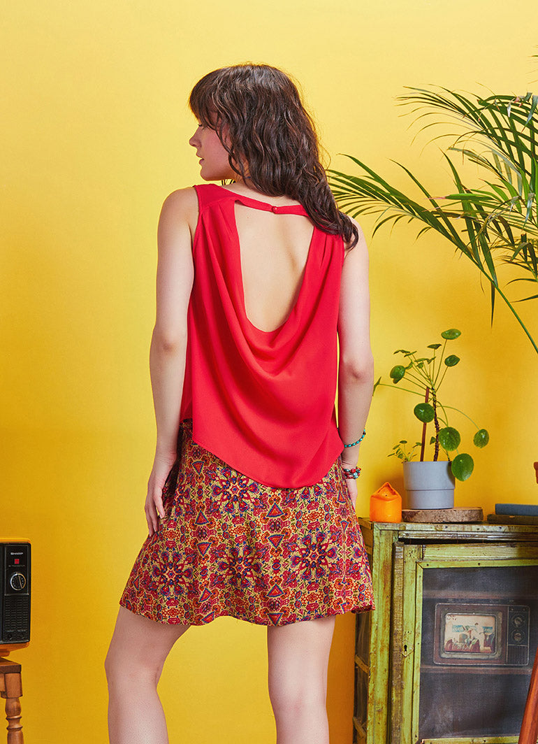 Scoop Neckline Sleeveless Boho Red Backless Top