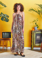 Back Cut Out Halter Necline Maxi Slit Print Dress
