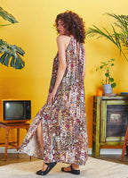 Back Cut Out Halter Necline Maxi Slit Print Dress
