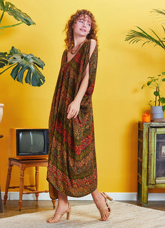 Authentic Print Asymmetrical Hem Loose Fit Dress