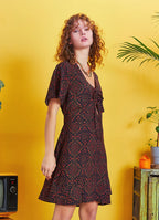 Frill Hem Brown Print Tie Front Cut Out Mini Dress
