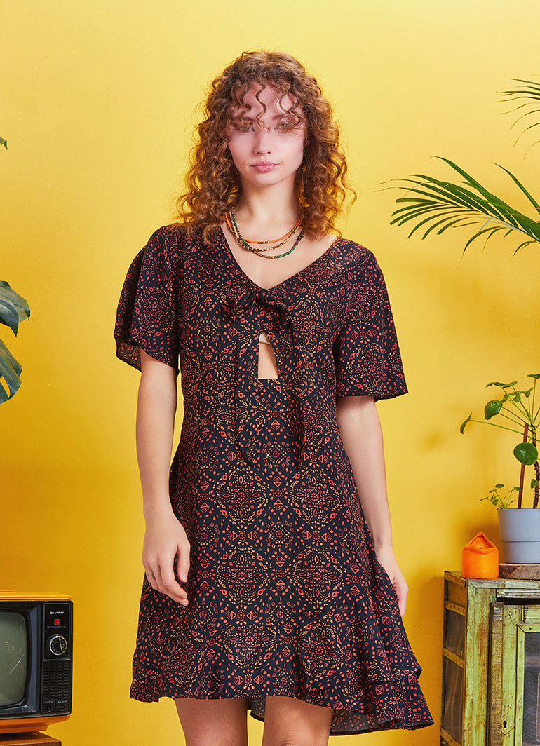 Frill Hem Brown Print Tie Front Cut Out Mini Dress