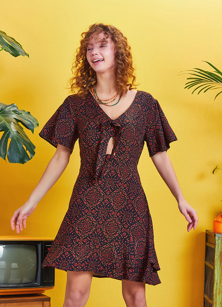 Frill Hem Brown Print Tie Front Cut Out Mini Dress