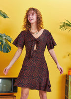 Frill Hem Brown Print Tie Front Cut Out Mini Dress