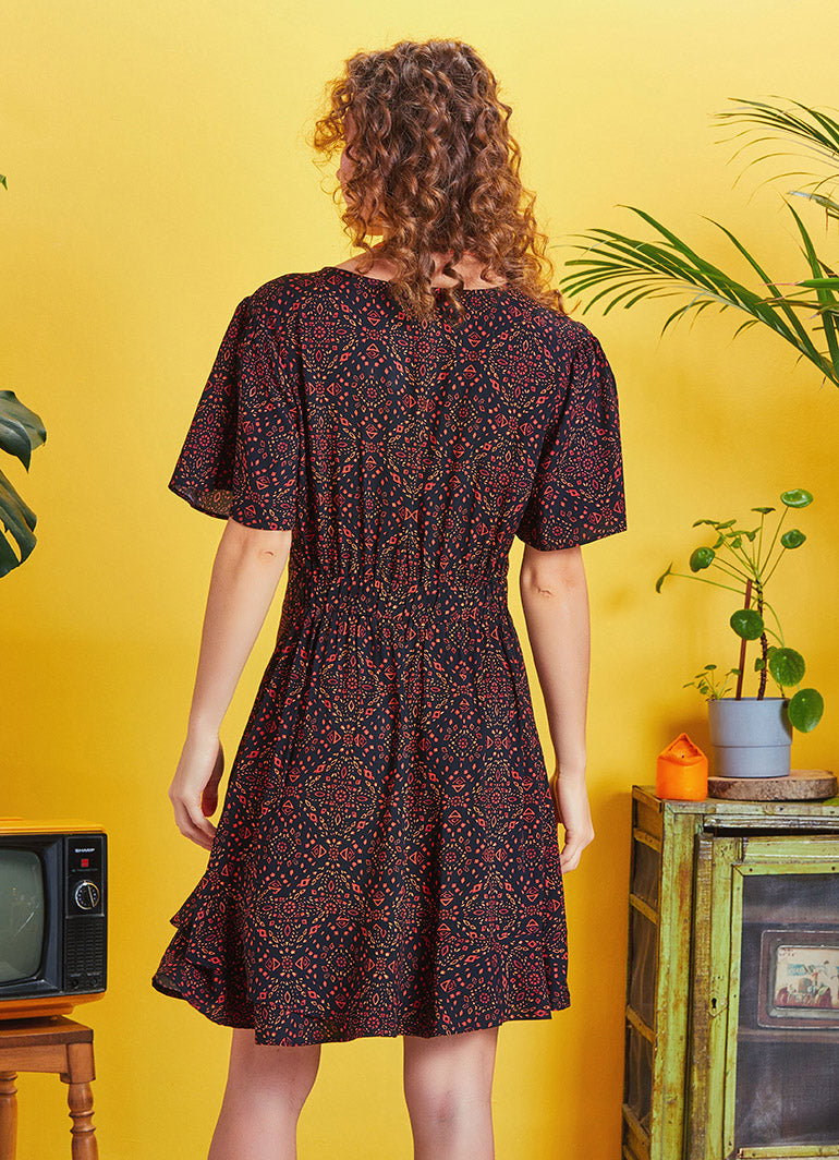 Frill Hem Brown Print Tie Front Cut Out Mini Dress