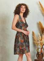 Khaki Patterned Tie Neck Gathered Waist Bohemian Skater Dress