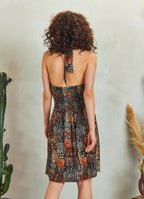 Khaki Patterned Tie Neck Gathered Waist Bohemian Skater Dress