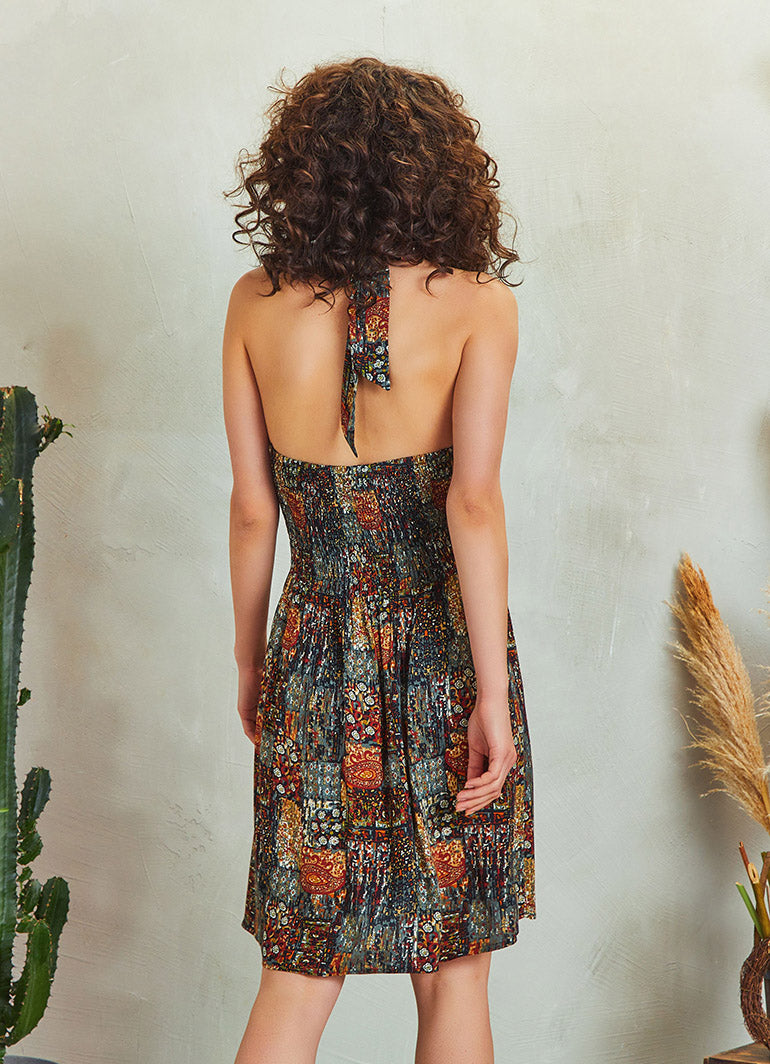 Khaki Patterned Tie Neck Gathered Waist Bohemian Skater Dress