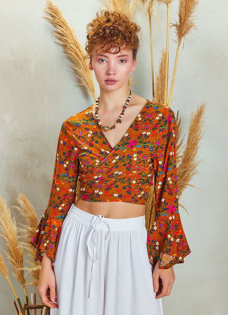 Yellow Flower Gypsy Style Bell Sleeve Crop Top