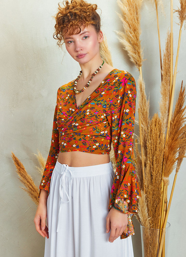 Yellow Flower Gypsy Style Bell Sleeve Crop Top