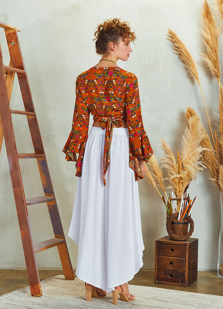 Yellow Flower Gypsy Style Bell Sleeve Crop Top