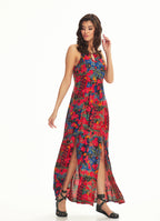 Ethnic Print Back Decollete Slit-Neck  Roma Patten Dress