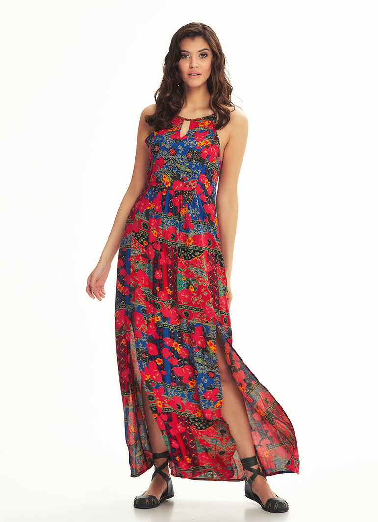 Ethnic Print Back Decollete Slit-Neck  Roma Patten Dress
