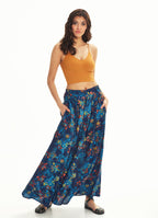 Blue Flower Pleated Elastic Banded Maxi Skirt