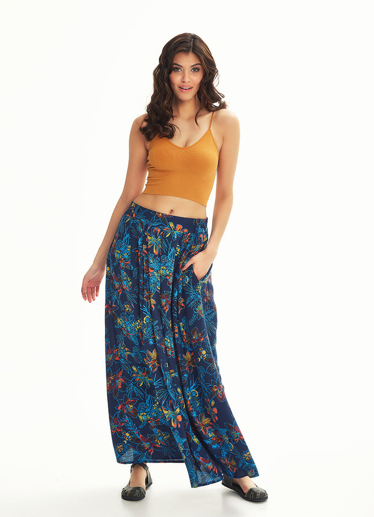 Blue Flower Pleated Elastic Banded Maxi Skirt