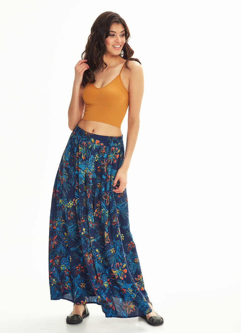 Blue Flower Pleated Elastic Banded Maxi Skirt