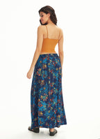 Blue Flower Pleated Elastic Banded Maxi Skirt
