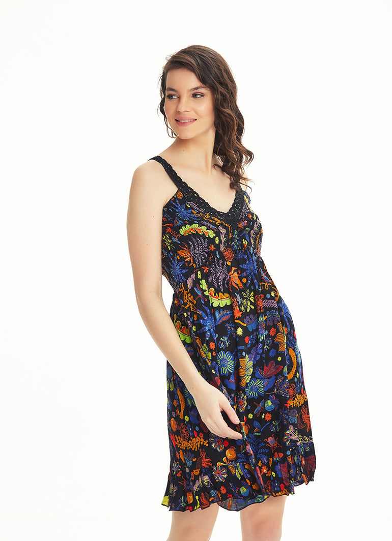Black Floral V Neckline Frill Hem Hippie Style Wholesale Sundress