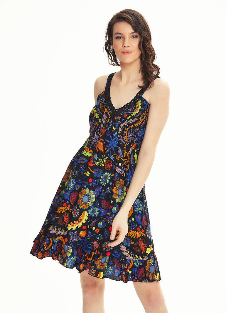 Black Floral V Neckline Frill Hem Hippie Style Wholesale Sundress