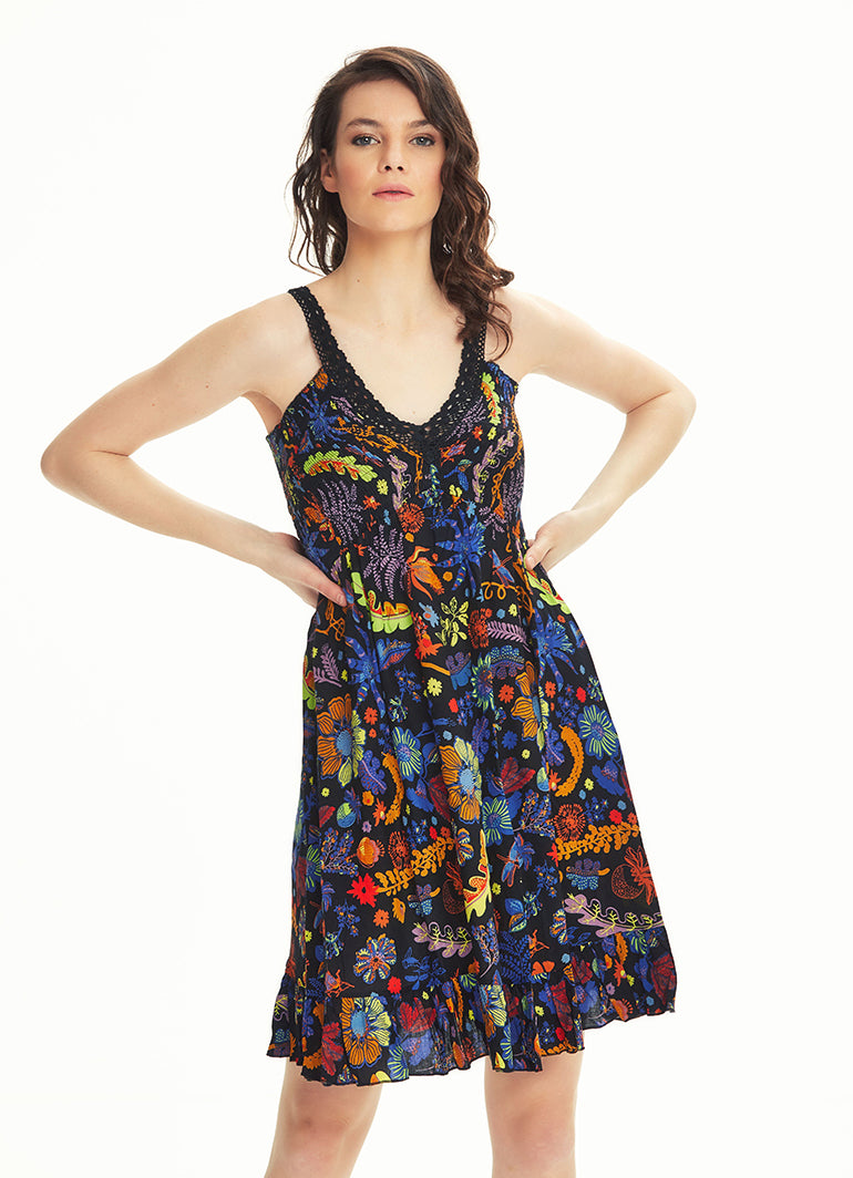 Black Floral V Neckline Frill Hem Hippie Style Wholesale Sundress
