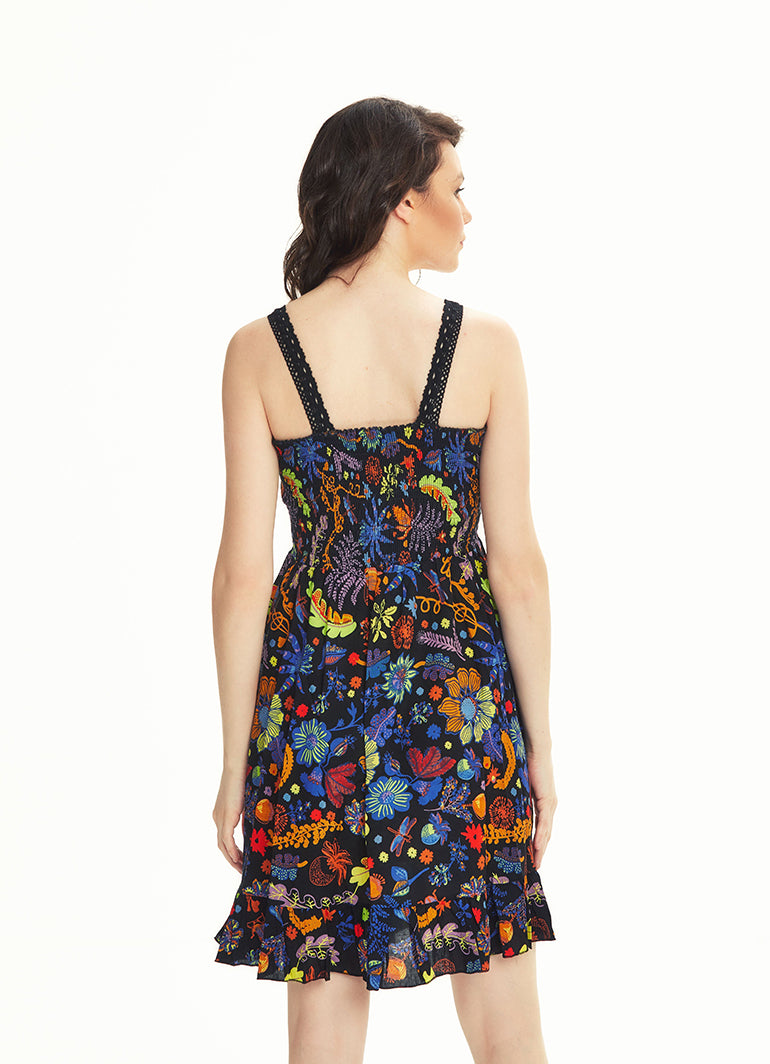 Black Floral V Neckline Frill Hem Hippie Style Wholesale Sundress