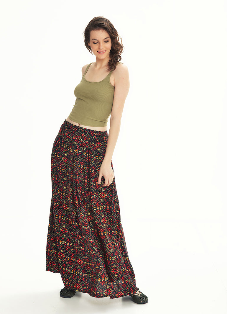Ethnic Print Pleated Elastic Banded Maxi Black Skirt
