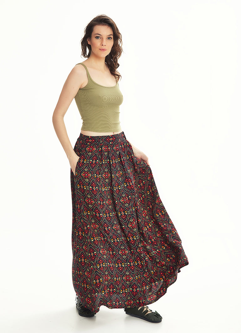 Ethnic Print Pleated Elastic Banded Maxi Black Skirt