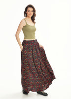 Ethnic Print Pleated Elastic Banded Maxi Black Skirt
