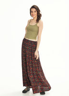 Ethnic Print Pleated Elastic Banded Maxi Black Skirt