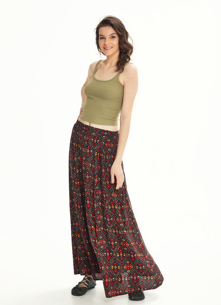 Ethnic Print Pleated Elastic Banded Maxi Black Skirt